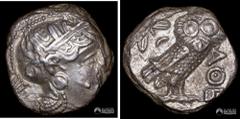 Monedas antiguas Antigua Grecia, Atenas (Atica). Tetradracma. 440-404 a. C. Anverso: Busto de Atenea mirando hacia la derecha, portando un casco decorado con hojas de olivo y motivos florales. Reverso