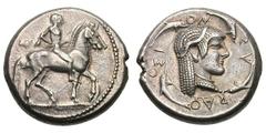 Sicily. Syracuse. c. 485-479/8 BC. Didrachm, 8.92g. (h). Obv: Nude rider on horse pacing right, leading second horse on his far sidet. Dotted border. Rx: ΣV-RΑQ-ΟΣΙ-ΟΝ Head of nymph Arethusa facing ri