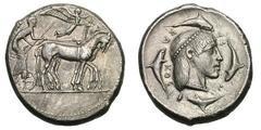 Sicily. Syracuse. Demareteion Group. c. 470 BC. Tetradrachm, 17.32g. (h). Obv: Slow quadriga right, driven by a male charioteer holding goad and reins. Above, Nike flying to right, crowning horses. Do