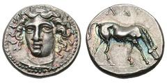 Thessaly. Larissa. c. 400-380 BC. Drachm, 6.03g. (h). Obv. Three-quarter facing head of nymph Larissa, wearing ampyx and necklace. Dotted border. Rx: ΛΑΡ Horse grazing right. C. Lorber in Florilegium 