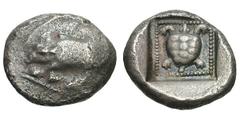 Lycia. Uncertain Mint. c. 500-460 BC. Stater, 8.98g. (h). Obv: Boar walking to left. Rx: Tortoise within square dotted frame, within incuse square. SNG Copenhagen Suppl. 383. SNG von Aulock 4071. Fine