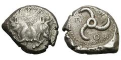 Lycia. Kuprlli. 485-420 BC. Stater, 8.41g. (h). Lycia, Xanthus, c. 450 BC. Obv: Foreparts of two bulls conjoined shoulder to shoulder. Rx: Κ-Ο-Π. Triskelis. Dotted border. All within incuse circle. O.