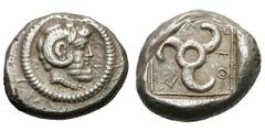 Lycia. Kuprlli. 485-420 BC. Stater, 8.43g. (h). Lycia, Xanthus, c. 440/30 BC. Obv: Head of Zeus Ammon facing to right. Dotted border. Rx: ΚΟ-Π-[ΡΛ]Λ-Ε Triskelis within dotted square frame. All within 