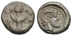 Cyrenaica, Cyrene. c. 450 BC. Tetradrachm, 15.90g. (h). Obv: Silphium plant. Rx: ΚVΡΑ. Head of Zeus Ammon facing to right. Dotted border. All within circular incuse. Boston 1309 (same dies). Exception