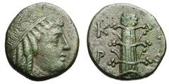 Cyrenaica, Cyrene. c. 305-300 BC. AE 12, 3.81g. (h). Obv: Female head with corkscrew locks (Libya) facing to right, wearing taenia. Rx: Κ-Υ/Ρ-Α Silphium plant. BMC p. 60, 290. VF. The Rockefeller Univ
