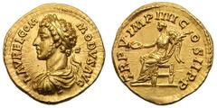 Commodus. 177-192 AD. Aureus, 7.31g. (h). Rome, 180 AD. Obv: L AVREL COM - MODVS AVG Bust laureate, draped, cuirassed left. Rx: TR P V IMP IIII C - OS II P P Victory seated left holding patera and pal