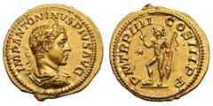 Elagabalus. 218-222 AD. Aureus, 6.40g. (h). Rome, 221 AD. Obv: IMP ANTONINVS PIVS AVG Bust laureate, draped, cuirassed right. Rx: P M TR P IIII - COS III P P Sol standing left, placing right foot on s