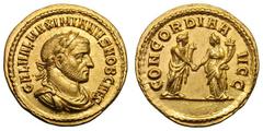 Galerius as Caesar. 293-305 AD. Aureus, 5.40g. (h). Lugdunum, 293 AD. Obv: GAL VAL MAXIMINIANVS NOB CAES Bust laureate, draped right, seen from front. Rx: CONCORDIA A - VGG Two figures of Concordia st