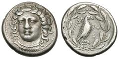 Elis. Olympia. Hera Mint, 105th Olympiad, c. 360 BC. Drachm, 5.78g. (h). Obv: Facing head of nymph Olympia, copying Kimon's Arethusa. Rx: Eagle standing right on Ionic column capital, caduceus behind,