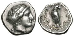 Elis. Olympia. 106th Olympiad, c. 356 BC. Stater, 11.92g. (h). Obv: F - A Head of Hera right, wearing stephane ornamented with a palmette and a lily. Rx: Eagle, with closed wings, standing left with h