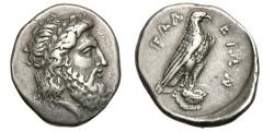 Elis. Olympia. 107th Olympiad, c. 352 BC. Stater, 11.96g. (h). Obv: Laureate head of Zeus right. Rx: FAΛ - EIΩN Eagle standing right on Ionic column. Seltman 188. SNG Copenhagen 386 (same dies). BCD 1