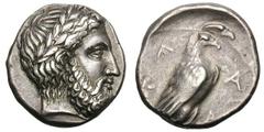 Elis. Olympus. 109th Olympiad, c. 344 BC. Stater, 11.96g. (h). Obv: Laureate head of Zeus right. Rx: Eagle standing right on Ionic column. Seltman 190 (this coin). See BCD lot 150 (Leu auction, 10 May