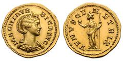 Magnia Urbica, Wife of Carinus. . Aureus, 4.19g. (h). Lugdunum, 284 AD. Obv: MAGNIA VR - BICA AVG Draped bust right, wearing stephane. Rx: VENVS GE - N - ETRIX Venus standing left holding apple and sc