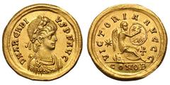 Arcadius, Lot of two fractional gold coins, a very rare semissis and a tremissis. (h). . 1. Semissis, Constantinople, 403-8 AD, 2.24g, 6h. Obv: D N ARCADI - VS P F AVG Laurel- and rosette-diademed, dr