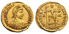 Valentinian III. 425-455 AD. Solidus, 4.45g. (h). Rome. Obv: D N PLA VALENTI - NIANVS P F AVG Rosette-diademed, draped, cuirassed bust right, seen from front. Rx: VICTORI - A AVGGG Emperor standing fa