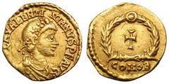 Valentinian III. 425-455 AD. Tremisis, 1.42g. (h). . , Rome or Ravenna. Obv: [D N] PLA VALENTI - NIANVS P F AVG Rosette-diademed, draped, cuirassed bust right, seen from front. Rx: Cross within wreath