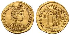 Galla Placidia, Mother of Valentinian III. . Solidus, 3.88g. (h). Ravenna, c. 426-30 AD. Obv: D N GALLA PLA - CIDIA P F AVG Pearl-diademed, draped bust right, Chi-Rho on shoulder, above Hand of God ho