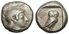 Attica. Athens. c. 520 BC. Tetradrachm, 17.32g. (h). Obv: Helmeted head of Athena right. Rx: Owl standing right, head front; to left olive spray with four large leaves, one small one, and berries; AΘ[