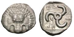 Lycia. Mithrapata. c. 380-375 BC. Stater, 9.57g. (h). Obv: Lion scalp. Rx: ΜΕΧΡΑΠ Triskeles with a barley corn. All within incuse square. SNG von Aulock 4245. SNG Berry 1187. Traite II 2, 451, pl. 102