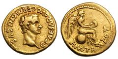 Caligula. 37-41 AD. Gold quinarius, 3.83g. (h). Lugdunum, 37-8 AD. Obv: C CAESAR AVG GERMANICVS Head bare right. Rx: P M TR - POT Victory seated right on globe, holding wreath with both hands. Unpubli