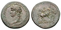 Nero. 54-68 AD. Sestertius, 27.13g. (h). Rome, 64 AD. Obv: NERO CLAVDIVS CAESAR AVG GERM P M TR P IMP P P Head laureate left. Rx: DECVRSIO in exergue, without S C, Nero holding spear on horse prancing
