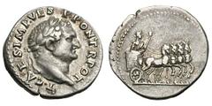 Titus as Caesar. 70-79 AD. Denarius, 3.36g. (h). Rome, 72-3 AD. Obv: T CAES IMP VES - P PON TR POT Head laureate right. Rx: No legend. Titus in triumphal quadriga right, holding branch in right hand a