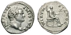 Titus as Caesar. 70-79 AD. Denarius, 3.46g. (h). Rome, 73 AD. Obv: T CAES IMP - VESP CENS (counterclockwise) Head laureate right. Rx: PONTIF - MAXIM Vespasian seated right on curule chair, feet on foo