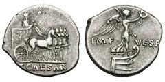Titus as Caesar. 70-79 AD. Denarius, 3.38g. (h). Rome. Obv: T CAESAR in exergue, Titus in triumphal quadriga right, holding branch (weakly struck) and scepter surmounted by bust (?); on side of car, V