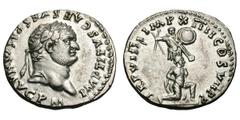 Titus. 79-81 AD. Denarius, 3.34g. (h). Rome, 79 AD. Obv: IMP TITVS CAES VESPASIAN AVG P M Head laureate right. Rx: TR P VIIII IMP XIIII COS VII P P Bare-chested male captive wearing trousers, cloak ar