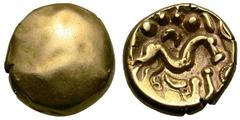 Gaul. Morini. c. 55-50 BC. AV Stater, 5.73g. (h). Obv: Blank. Rx: Disjointed horse standing right; shield before; four large pellets and inverted crescent above; S, retrograde S, crescent, and large p