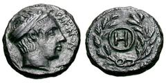 Bruttium. Rhegium. c. 415/10-387 BC. AE 18, 4.55g. (h). Obv: ΡΗΓΙΝΟΝ Head of Apollo right, wearing laurel wreath. Rx: Wreath with encircled H in center. HN Italy 2529; Imhoof-Blumer, Monnaies grecques