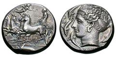 Sicily. Syracuse. c. 400 BC. Tetradrachm, 17.05g. (h). Obv: Fast quadriga in three-quarter view, driven to left, third horse with head turned back, above Nike flying right to crown the charioteer, in 
