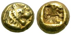 Kingdom of Lydia. Ardys II. 671-624 BC (traditional), formerly uncertain Ionia. EL Hemihecton (1/12 stater), 1.18g. (h). Lydia, Sardes, c. 640-620 BC. Obv: Lion's head right. To right, Lydian inscript
