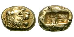 Kingdom of Lydia. Alyattes. 605-561 BC (traditional). EL Trite, 4.74g. (h). , c. 620-580 BC. Obv: Head of lion facing right with radiate wart on nose. Rx: Two incuse square punches side by side. Weida