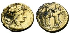 Q. Cornuficius. Plated Aureus, 3.86g. (h). Africa, 42 BC. Obv: Draped bust of Africa right, wearing elephant skin. Rx: Q. Cornuficius standing left wearing veil and holding lituus in right hand; Juno 