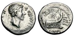 Hybrid of Juba II and Mark Antony. Plated denarius, 2.64g. (h). . , After 25 BC. Obv: Diademed head of Juba II right, blundered legend around. Rx: Prow right, star of nine rays above, blundered but re