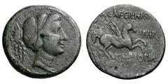 Corinth. Q. Caecilius Niger and C. Heius Pam, duovirsi.. As, 8.59g. (h). Corinth, 34-31 BC. Obv: Head of Aphrodite right, wearing fillet and pearl necklace. Rx: Pegasus flying right; [L•] CAECIL • NI[