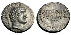 Mark Antony. Denarius, 3.66g. (h). Athens, 32 BC. Obv: ANTON AVG IMP III COS [DES III III V R P C] Head bare right, artist's signature P. concealed in hair behind ear. Rx: ANTONIVS / AVG IMP III in tw
