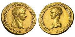 Claudius I and Nero. . Aureus, 7.68g. (h). Lugdunum, 51-54 AD. Obv: TI CLAVD CAESAR AVG GERM TRIB POT P P Head of Claudius laureate right. Rx: NERO CLAVD CAES DRVSVS GERM PRINC IVVENT Bare-headed, dra