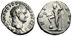 Titus as Caesar. 70-79 AD. Denarius, 3.36g. (h). Rome, 72-3 AD. Obv: T CAES IMP VESP PON TR POT CENS Head laureate right. Rx: NEP - RED Neptune standing left, right foot set on globe, nude except for 