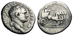 Titus as Caesar. 70-79 AD. Denarius, 2.97g. (h). Rome, 72-3 AD. Obv: T CAES IMP VESP PON TR POT CENS Head laureate right. Rx: No legend; Titus in quadriga right, holding branch and scepter, commemorat