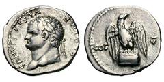 Titus as Caesar. 70-79 AD. Denarius, 3.43g. (h). Rome, 76 AD. Obv: [T] CAESAR IMP - VESPASIANVS Head laureate left. Rx: COS - V across field, Eagle with raised wings standing left on garlanded altar, 