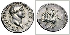 Domitian as Caesar. 70-81 AD. Denarius, 3.42g. (h). Rome, 73 AD. Obv: CAES AVG F DOMITIAN COS II (clockwise) Head laureate right. Rx: No legend, Domitian, togate, cloak flying out behind him, on horse