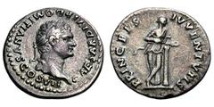 Domitian as Caesar. 70-81 AD. Denarius, 3.22g. (h). Rome, 80 AD. Obv: CAESAR DIVI F DOMITIANVS COS VII Head laureate right. Rx: PRINCEPS - IVVENTVTIS Salus standing right, leaning on column, legs cros