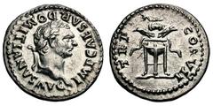Domitian. 81-96 AD. Denarius, 3.22g. (h). Rome, 81 AD. Obv: IMP CAESAR DOMITIANVS AVG Head laureate right. Rx: TR P - COS VII Tripod, with fillets streaming out left and right, on which are ravens sta
