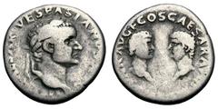 Vespasian with Titus and Domitian. 69-79 AD. Denarius, 3.32g. (h). Tarraco, 70 AD. Obv: [IMP] CAESAR VESPASIANVS AVG Head of Vespasian laureate right. Rx: [CAES]AR AVG F COS CAESAR AVG [F PR] Bare hea