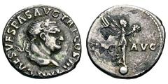 Vespasian, fourree coupling rare Lugdunese obverse legend with Rome-mint aureus reverse type. 69-79 AD. Denarius, 2.93g. (h). . , . Obv: IMP CAES VESPAS AVG TR P COS III Head laureate right. Rx: VIC -