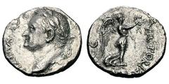 Vespasian. 69-79 AD. Denarius, 2.97g. (h). Antioch, 72 AD. Obv: [IMP CAESAR VESPA] - SIANVS AVG Head laureate left. Rx: VICTORIA - AVG Victory standing right on globe, holding wreath before her and pa