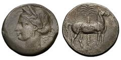 Zeugitana. Carthage. c. 215-213 BC. Billon tridrachm, 11.24g. (h). Obv: Young Tanit head left, wearing single-pendant earring. Rx: Horse standing right, palm tree behind. C. Lorber, CH IX, p. 285, no.
