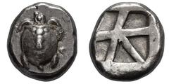 Attica. Aegina. c. 480-456 BC. Stater, 12.31g. (h). Obv: Smooth-shelled sea turtle, with row of dots down the middle and across top of shell, in the form of a 'T'. Rx: Large incuse square, of 'skew' p